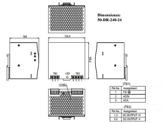 Dimensiones fuente de alimentación carril DIN DR-240-24 10A 240W 24Vcc